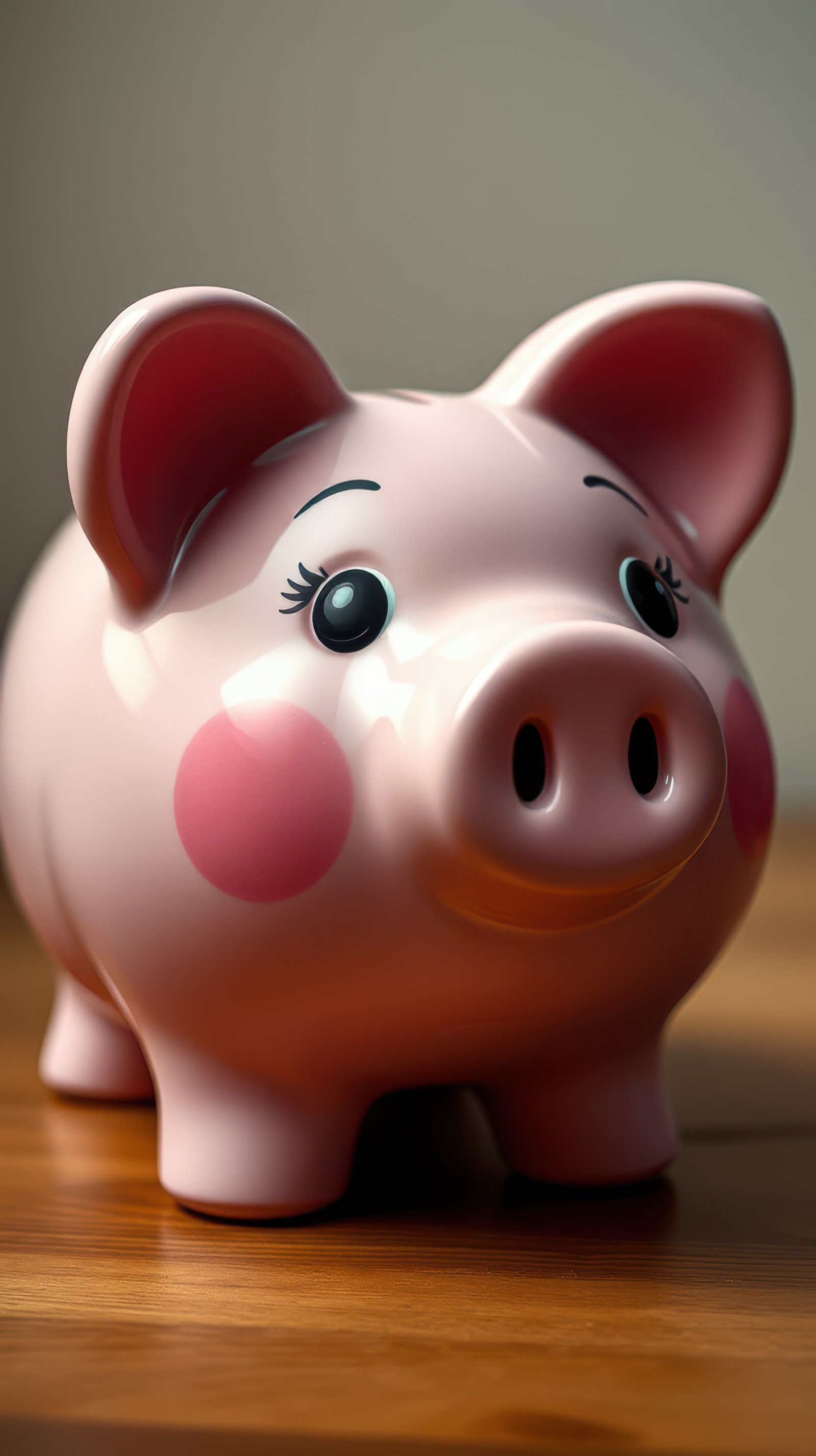 Cute pink piggy bank placed on a wooden surface reflecting light in a cozy indoor setting